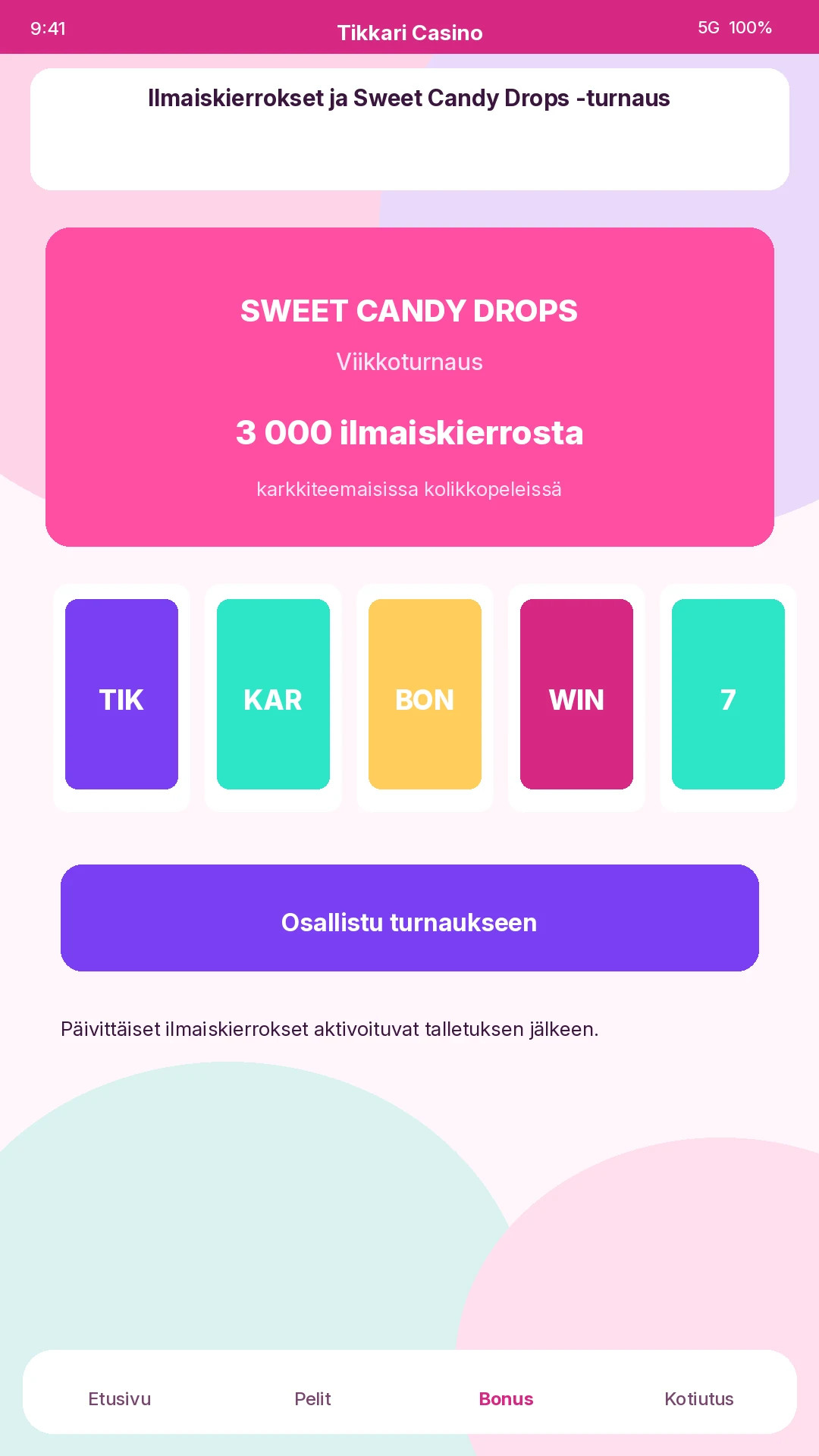 Tikkari Casinon ilmaiskierrokset ja Sweet Candy Drops -turnaus karkkiteemaisessa kolikkopelinäkymässä