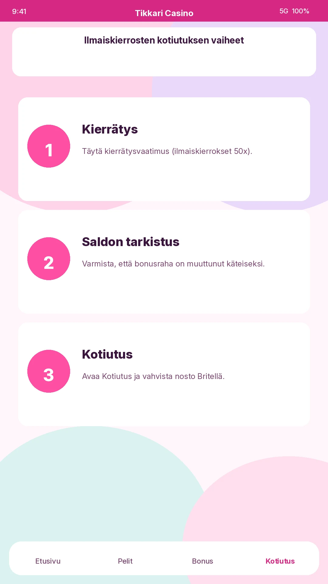 Ilmaiskierrosten voittojen kotiutuksen vaiheet Tikkari Casinolla: kierrätys, saldon tarkistus ja kotiutus