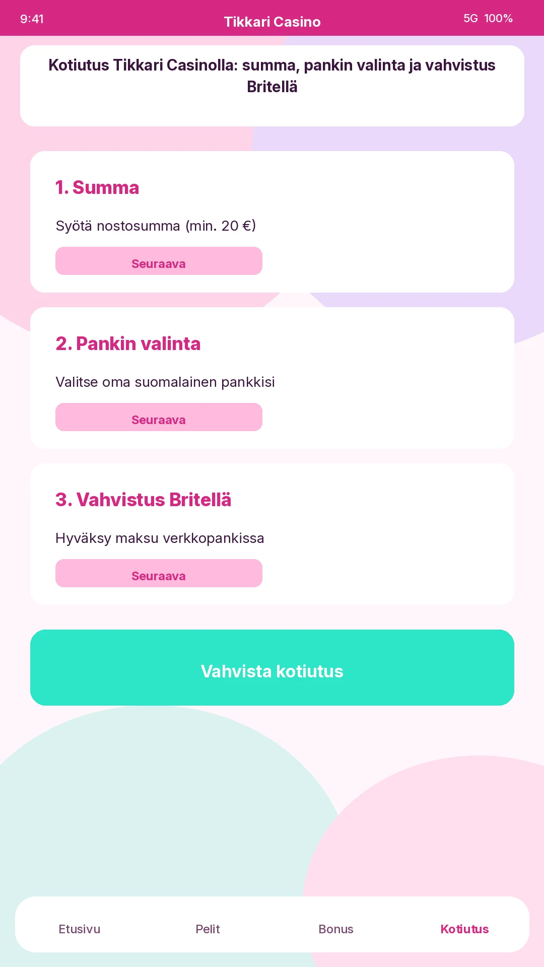 Kotiutuksen vaiheet Tikkari Casinolla: summa, pankin valinta ja vahvistus Britellä