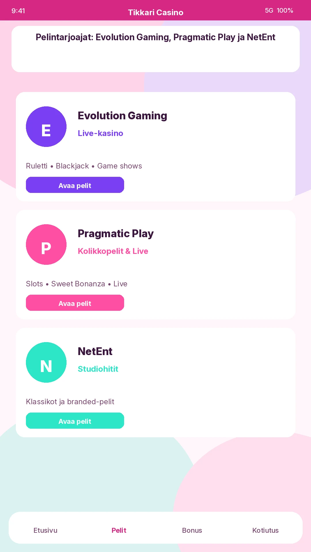 Tikkari Casinon live-kasino ja pelintarjoajat Evolution Gaming, Pragmatic Play ja NetEnt