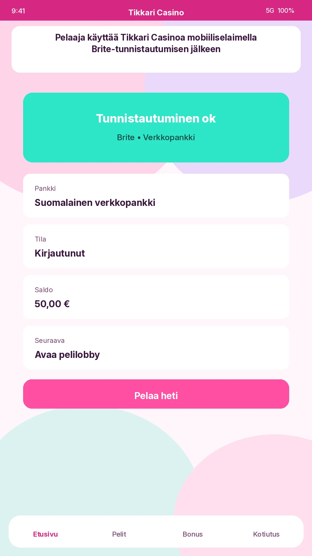 Pelaaja käyttää Tikkari Casinoa mobiiliselaimella Brite-tunnistautumisen jälkeen