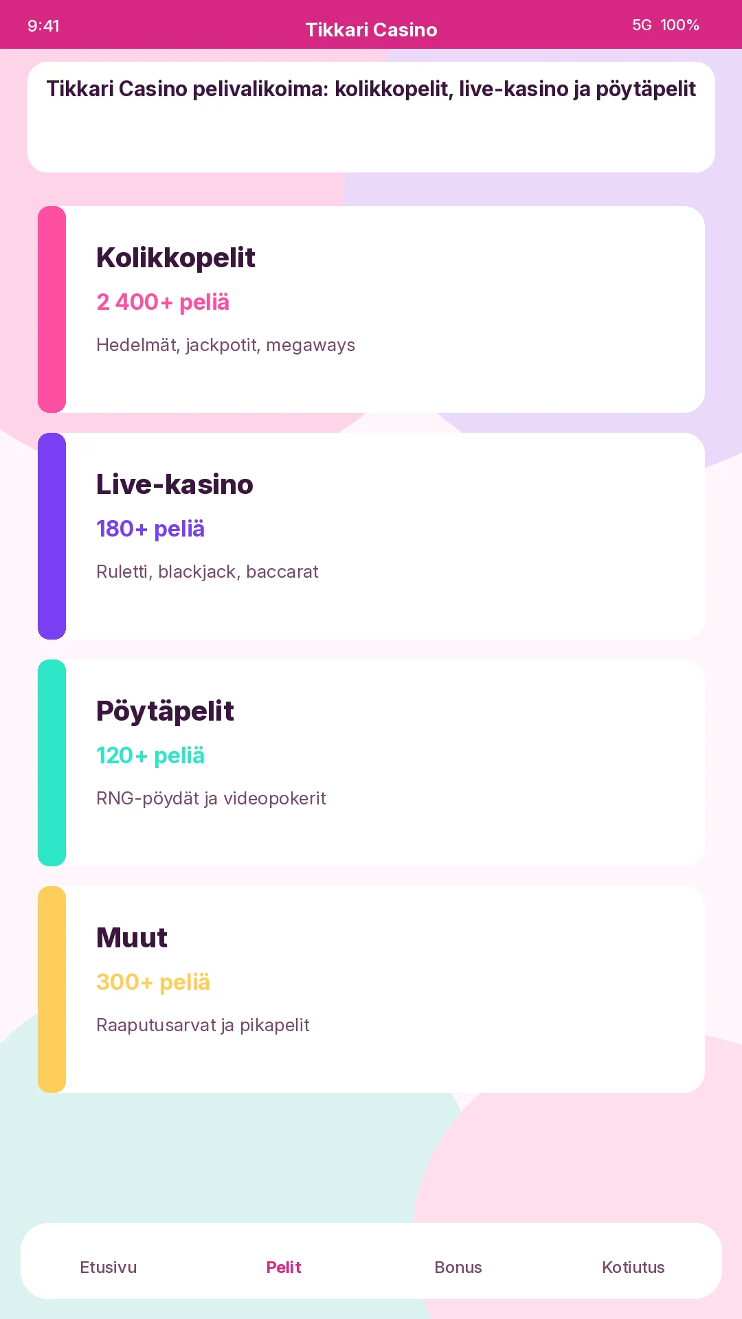Tikkari Casino pelivalikoima: kolikkopelit, live-kasino ja pöytäpelit